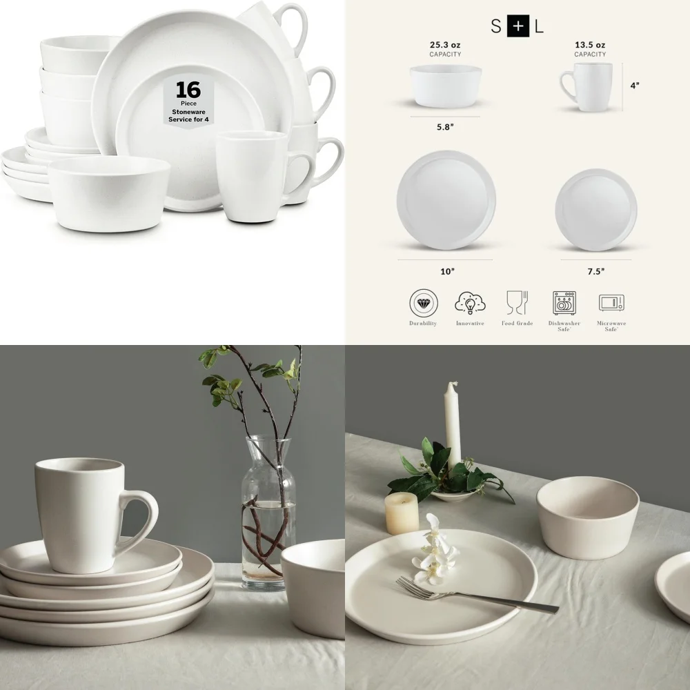 مجموعة أدوات مائدة سيراميك مكونة من 16 قطعة من أواني الطعام الحجري تتضمن ألواح وأوعية مجموعة أدوات المائدة الحديثة #1