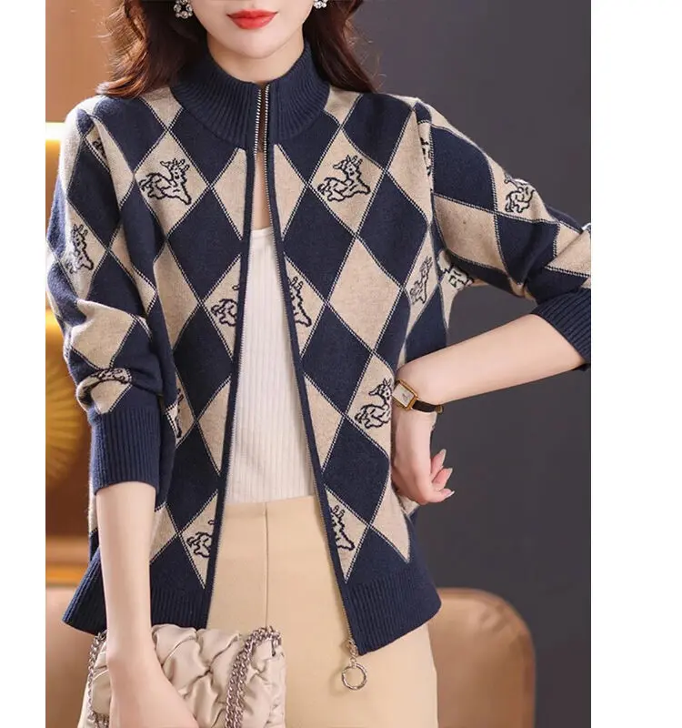 Loose Women's Knitted Sweater Zipper High Collar Short Open Cardigan Outerwear Korean Style Warmth Heating Diamond Pattern