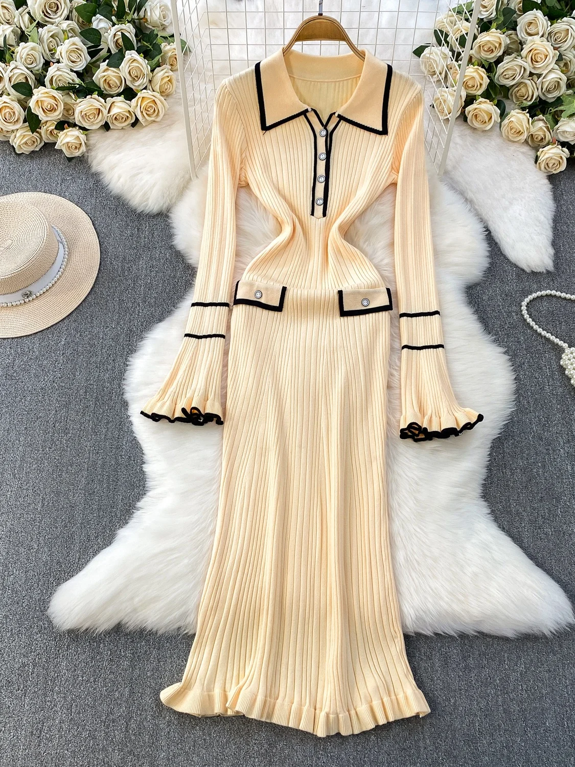 Ele Korean Sle Knitted Long Sve Striped Dr High Waist Fi Tail Design Button Detail Slimming Midi Dr for Women:Ele Korean Sle Knitted Long Sve Striped Dr High Waist Fi Tail Design Button Detail Slimming Midi Dr for Women:Koreański sweter z dzianiny, długi, w paski, z wysokim stanem, z ozdobnymi detalami, zapinany na guziki, wyszczuplający, midi, dla kobiet