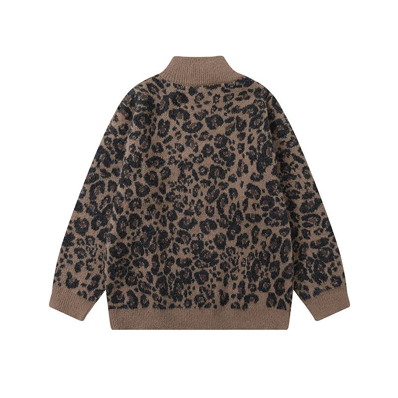 NXXTRESS Leopard Wool Blend Zipper Loose Cardigan Sweater Man/Women Autumn O Neck Full Sleeve Knit Sweater