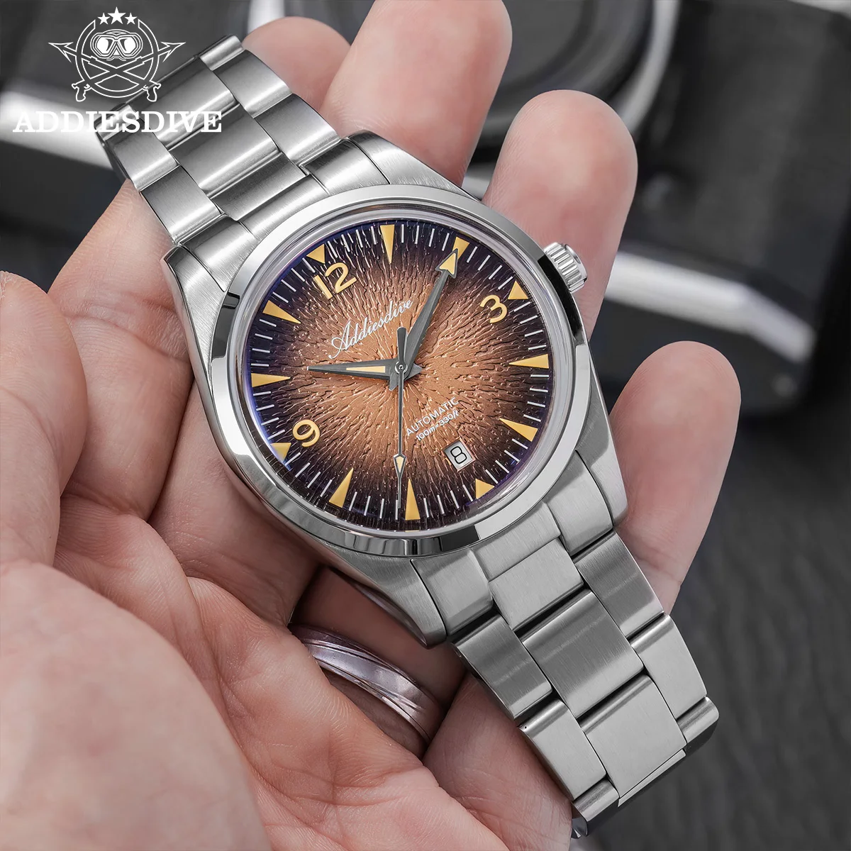 ADDIESDIVE nouveau 39mm hommes montre 8215 mouvement automatique 100m étanche AR enduit verre bombé lumineux plongée mécanique montre-bracelet