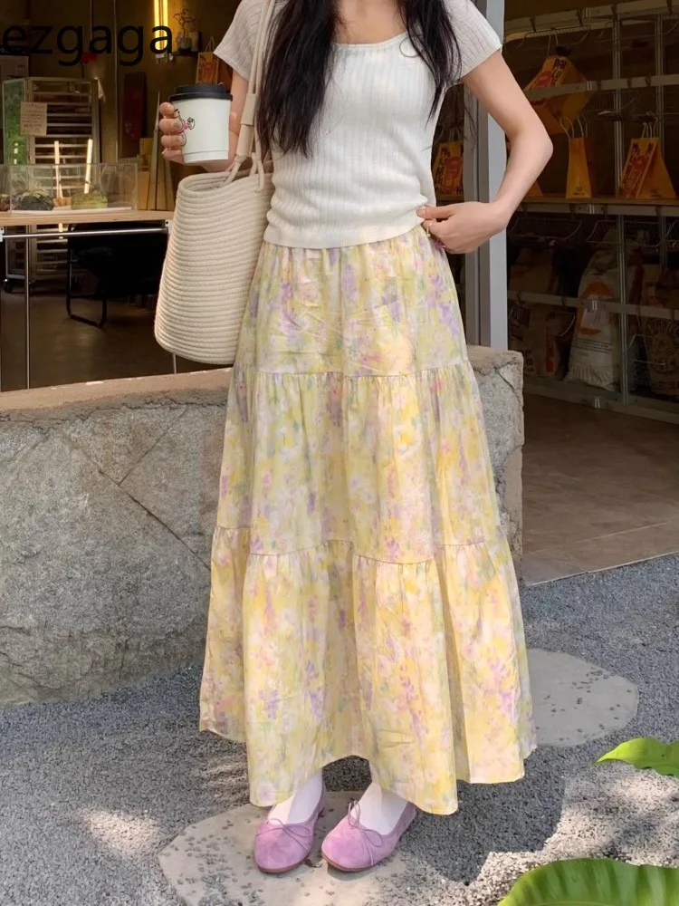 

Ezgaga Skirts Women High Waist Fashion Floral Printed Loose Sweet Elegant French Style Chic Long Skirt Female Casual Vintage