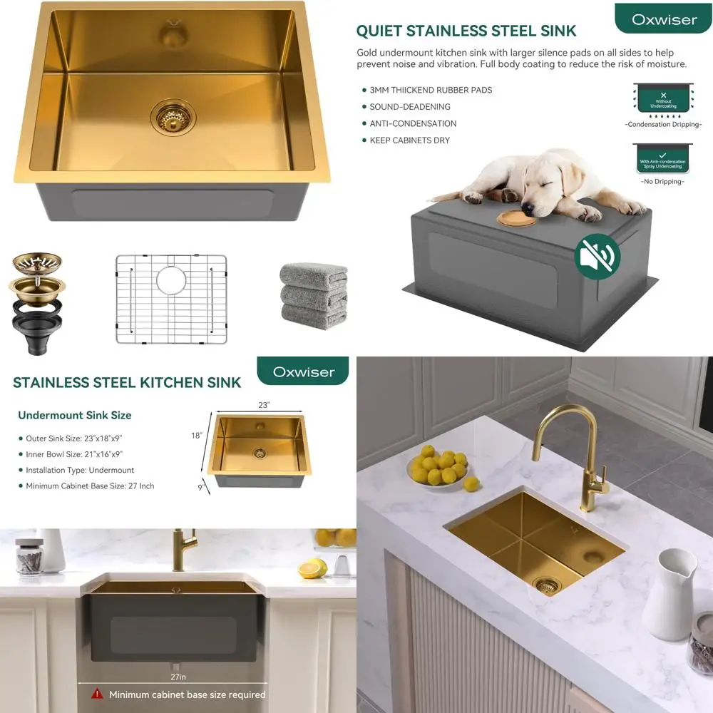 

Stainless Steel 16 Gauge Single Bowl Undermount Kitchen Sink 23x18 Inch with Accessories, Handmade Round Corners for Modern Kitc