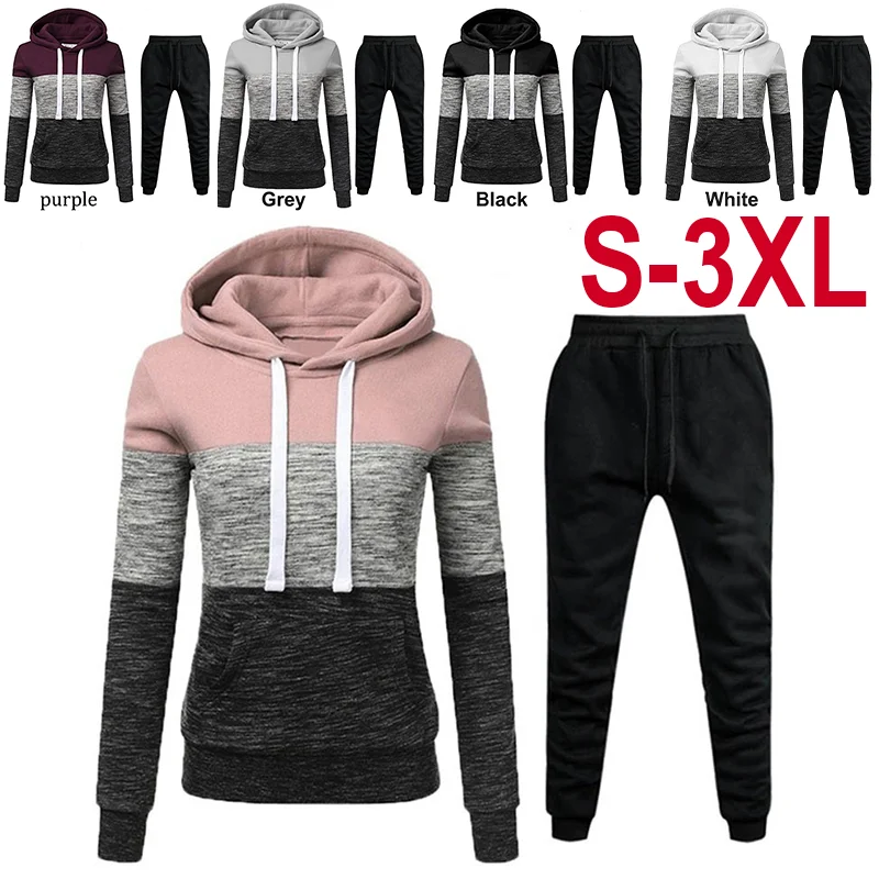 

Womens Casual Outfits 2024 Autumn Color Block Versatile Hooded Sweatshirt Jogging Black Sweatpants Fashion Tops Tracksuit