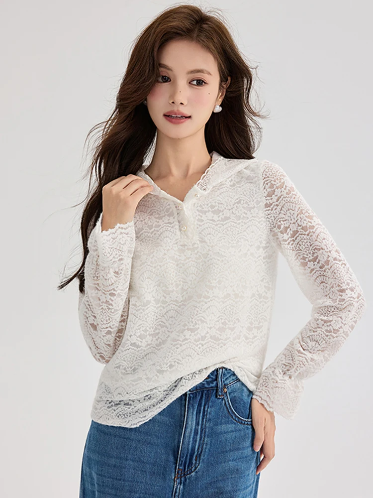 

Ele White Lace Long Sve irt Women's Gentle Sle Spring New Slimming Versatile Anti-Aging Ladies' Blouse