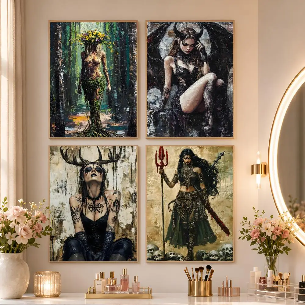 Beautiful Lilith Art Print Horned Goddess Sexy Poster Matte Self-Adhesive Wall Art Print Living Room Bedroom Home Wall Decor