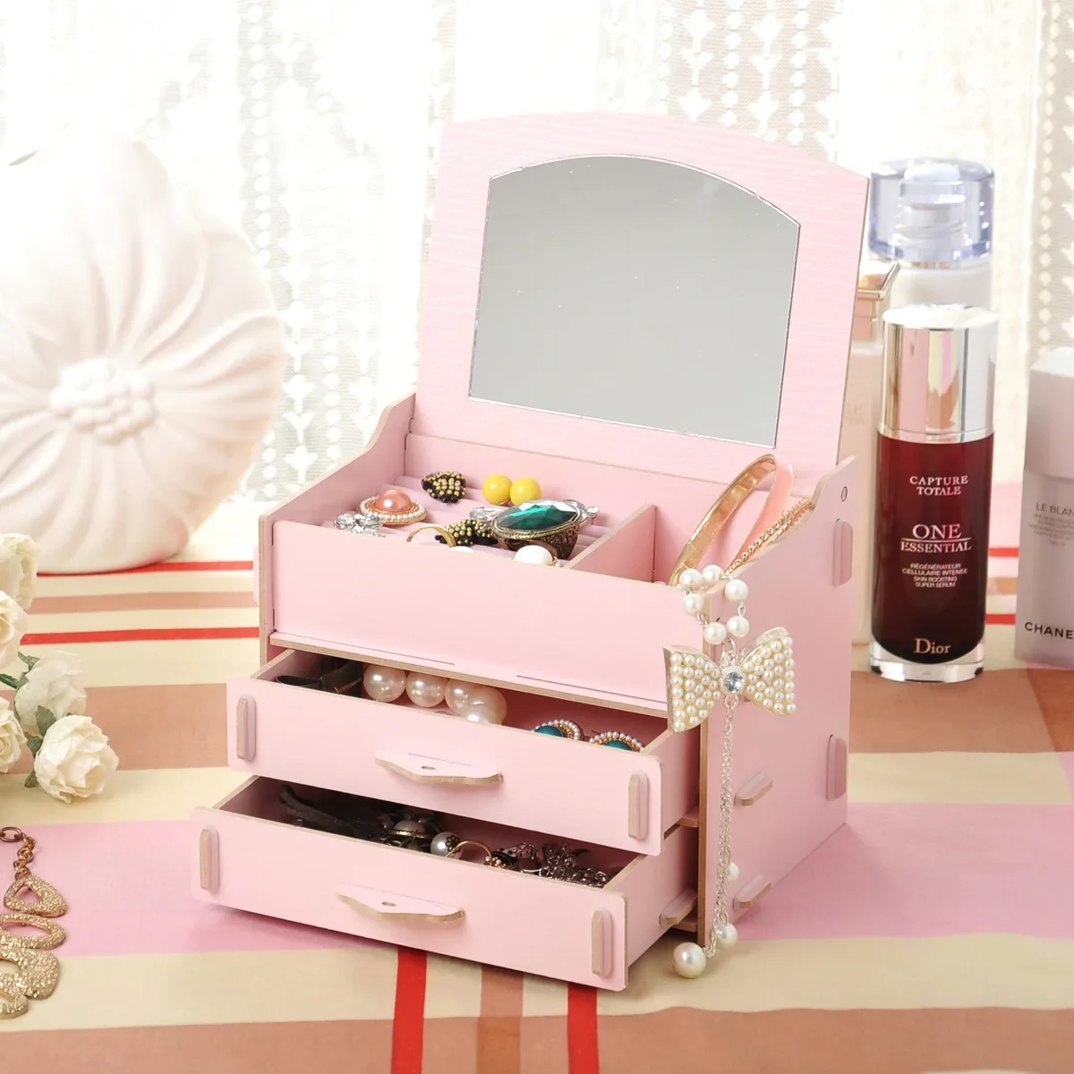 Direct sales 212 DIY wooden flip cover storage box with mirror, ring stud earrings jewelry box.