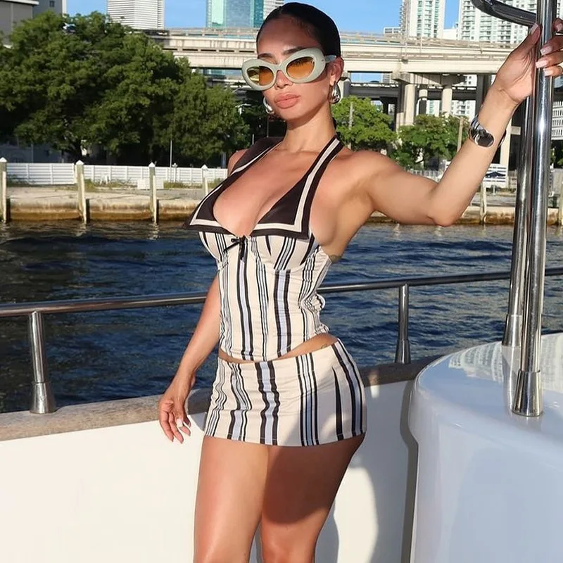 

Wind2025Hot-Selling Summer New Style Personality Digital Print Sleeveless Halter Neck Striped Color-Block Bodycon Dress Set