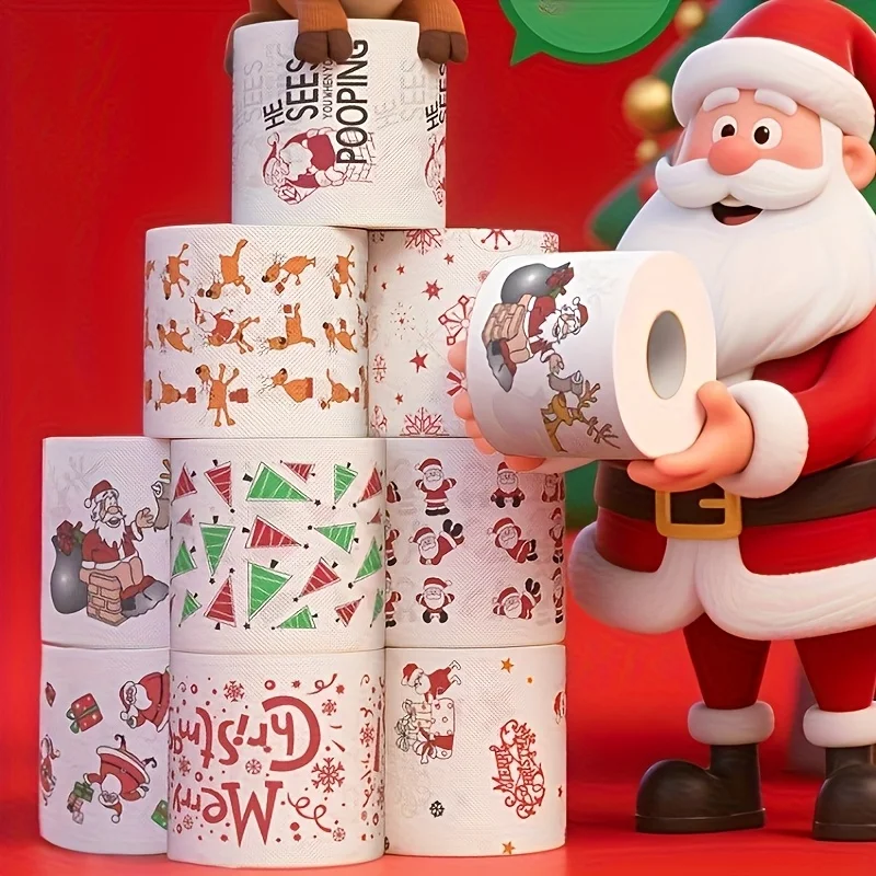 Papel higiénico navideño de 4 Uds., diseño navideño de Papá Noel con renos, copos de nieve y bastones de caramelo, rollo Jumbo de núcleo de madera para el hogar