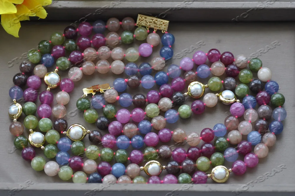 Z12014 4Row 20'' 10mm Round Multicolor Agate Gold-Plated Pearl Necklace