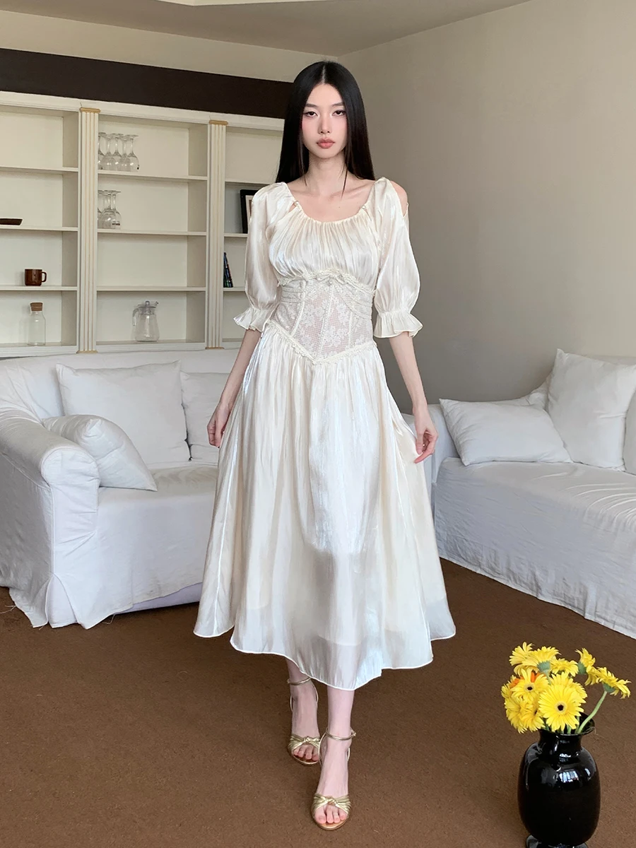 ReddaChic-vestido Medieval Retro de satén con Control de barriga para mujer, vestido largo con faja de encaje recortada y manga abombada brillante, ropa de verano de hadas