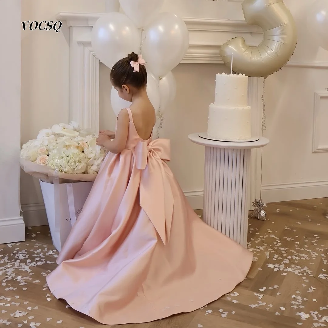 Flower Girl Dress Pink Satin V Back Oversized Bow Spaghetti Strap Long Train Kids Formal Birthday Party Gown Customized