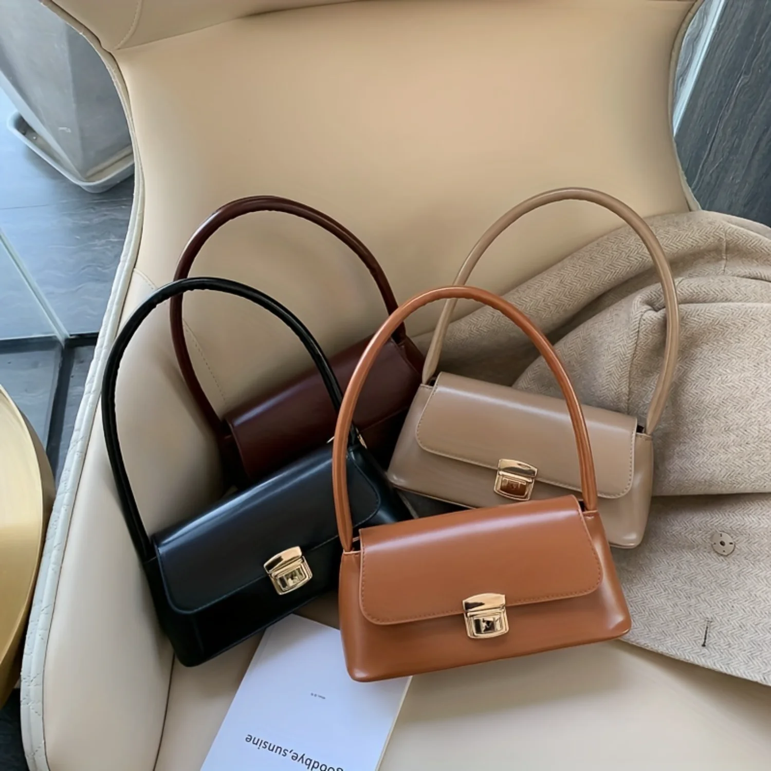 

Top Handle Flap Underarm Bag, PU Leather Satchel, Fashion Shoulder Bag