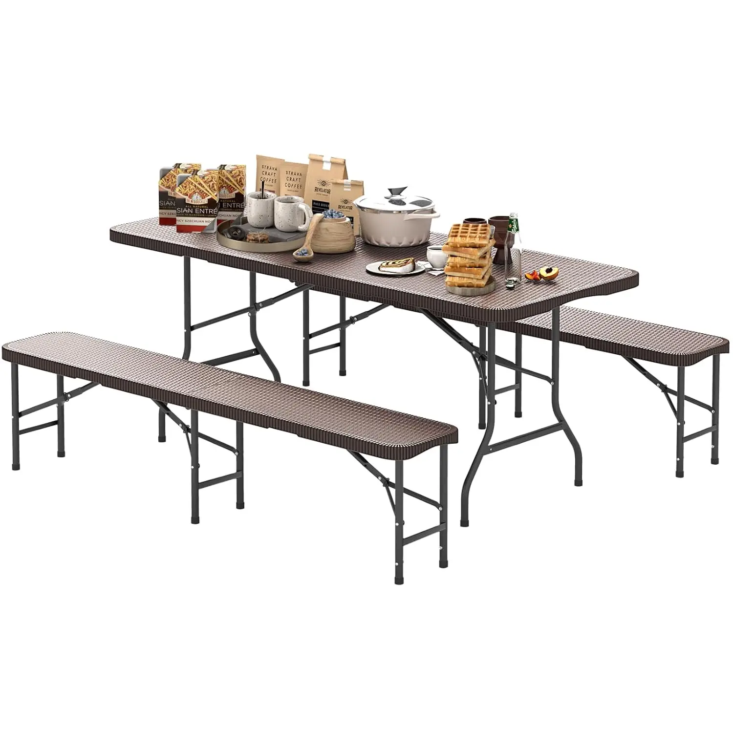 

6 FT 3-Piece Portable Picnic Table Bench Set, Rattan-Like Plastic Folding Picnic Tables with Benches, Foldable, Customized