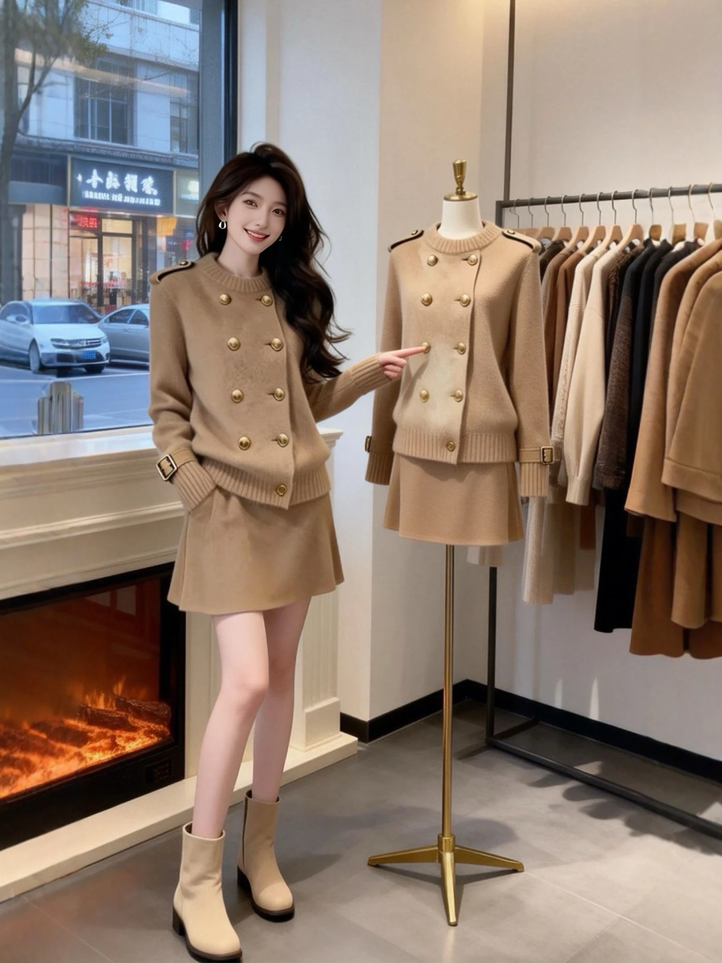 

Winter Faion plus Size Knitted Sweater Coat And ort Skirt Set Women's Double Button Lazy Loose Sle Ensemble Warmth