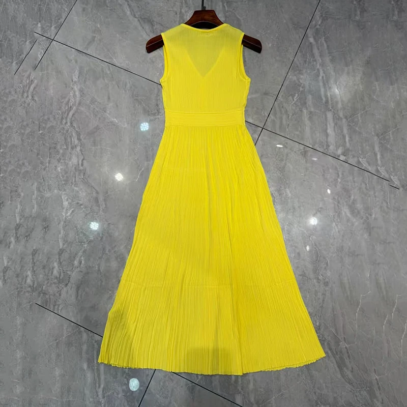 فستان نسائي جديد تنورة طويلة محبوكة مرنة لصيف 2025 الخصر الخصر سليم صالح بلا أكمام فساتين متوسطة الطول الخامس الرقبة فساتين الحفلات #3