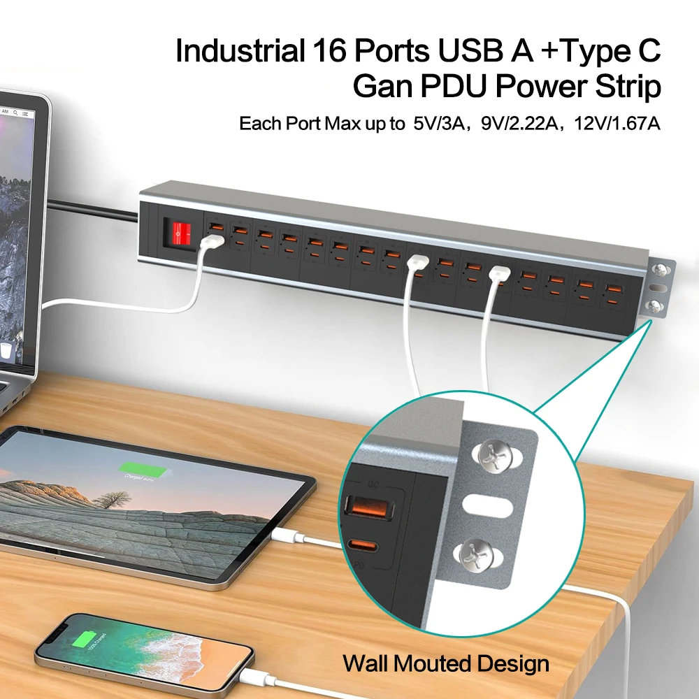 PDU-AC16 Sipolar 16 Port Usb c Hub Charger Pdu Rack Power Distribution Unit Power Strip Pdu Switch