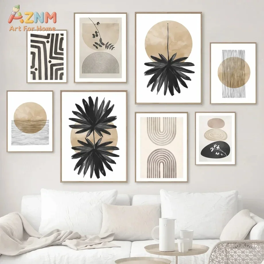 AZNM Neutral Boho Abstract Canvas Wall Art Print, Black Palm Leaf Geometric Line Arch Circle Beige Watercolor Minimalist Living