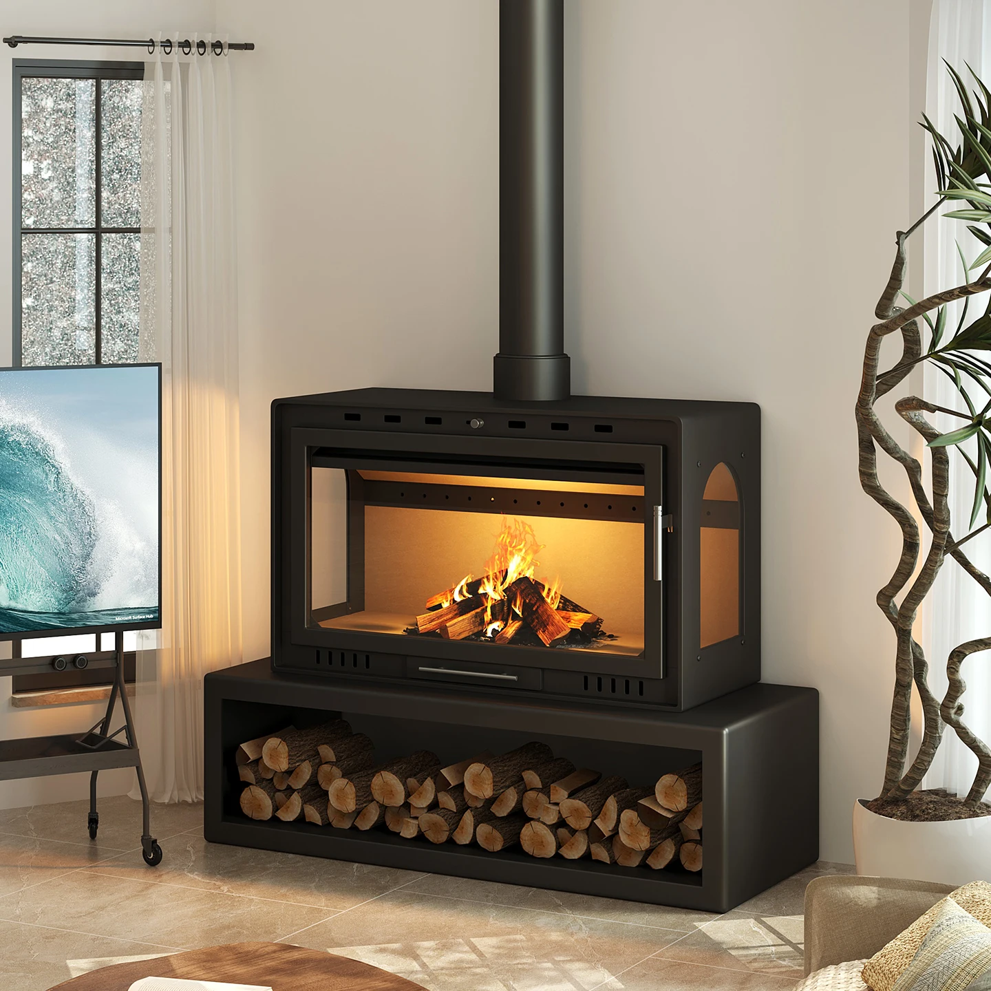 Lisha fireplace, real fire, firewood, rural home living room, bed and breakfast, villa indoor embedded heating, winter