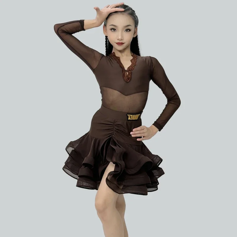 

Spring New Children's Latin Dance Costume Girls Samba Tango Dance Coffee Split Set Kids Long Sleeves Dance Practice Wear