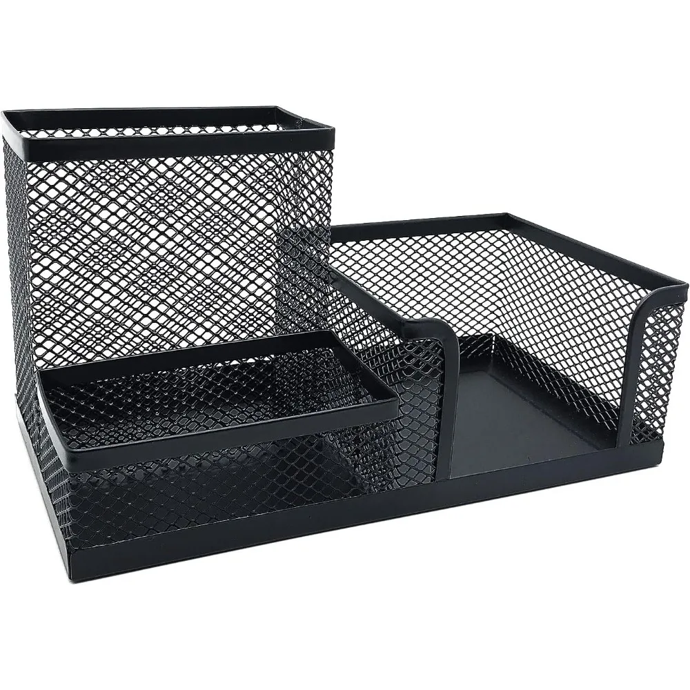 منظم مكتب شبكي، منظم سطح المكتب، علبة مستلزمات مكتبية معدنية مع حامل قلم رصاص وسلال تخزين لملحقات المكتب، 3