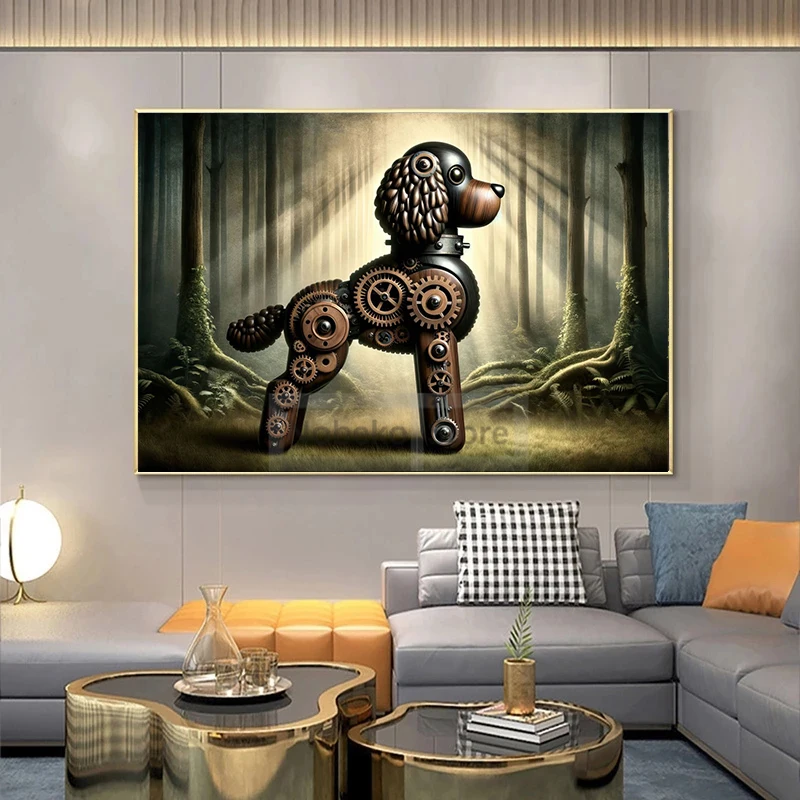 Vintage Mechanical Style Wooden Dog Steampunk Style Retro Poster and Prints Canvas Painting Wall Art Pictures Home Room Decor