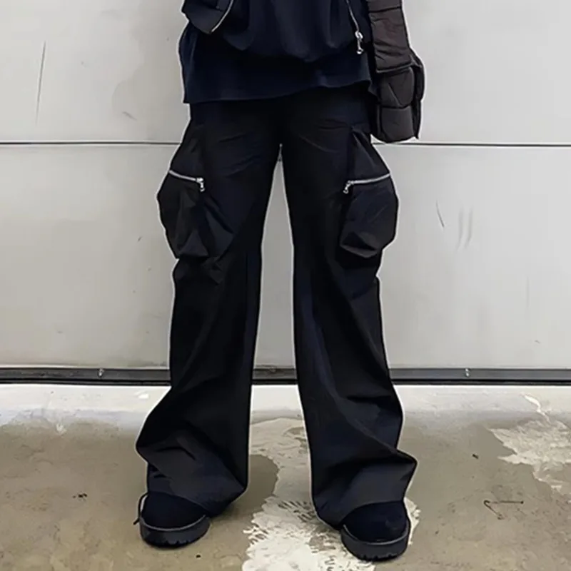 HKSH Spring Autumn New Men's Safari Style Casual Trendy Three-Dimensional Pockets Pleated Flared Zipper Punk Cargo Pants HK14248