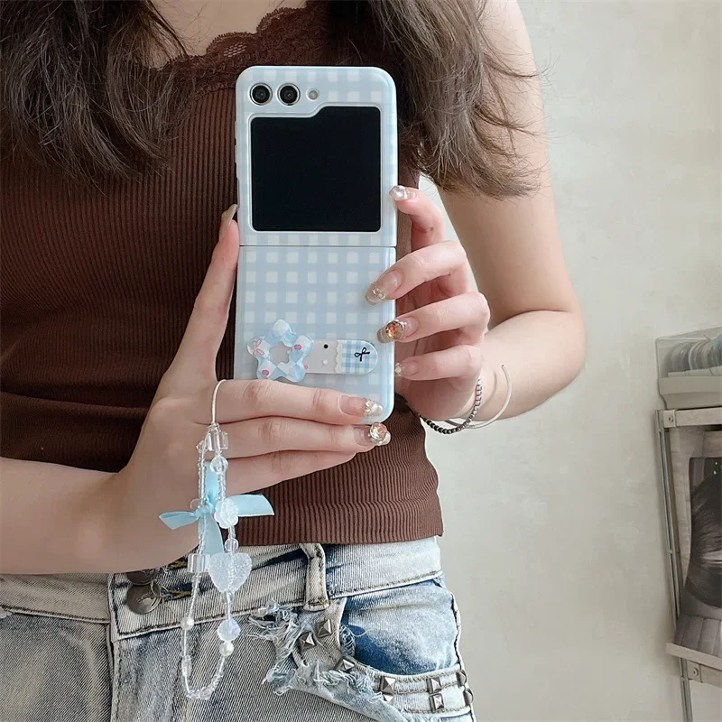 Blue Plaid Phone Stand Case for Samsung Galaxy Z Flip 6 5 4 3 Protective Back Cover for ZFlip4 ZFlip5 ZFlip6 Case