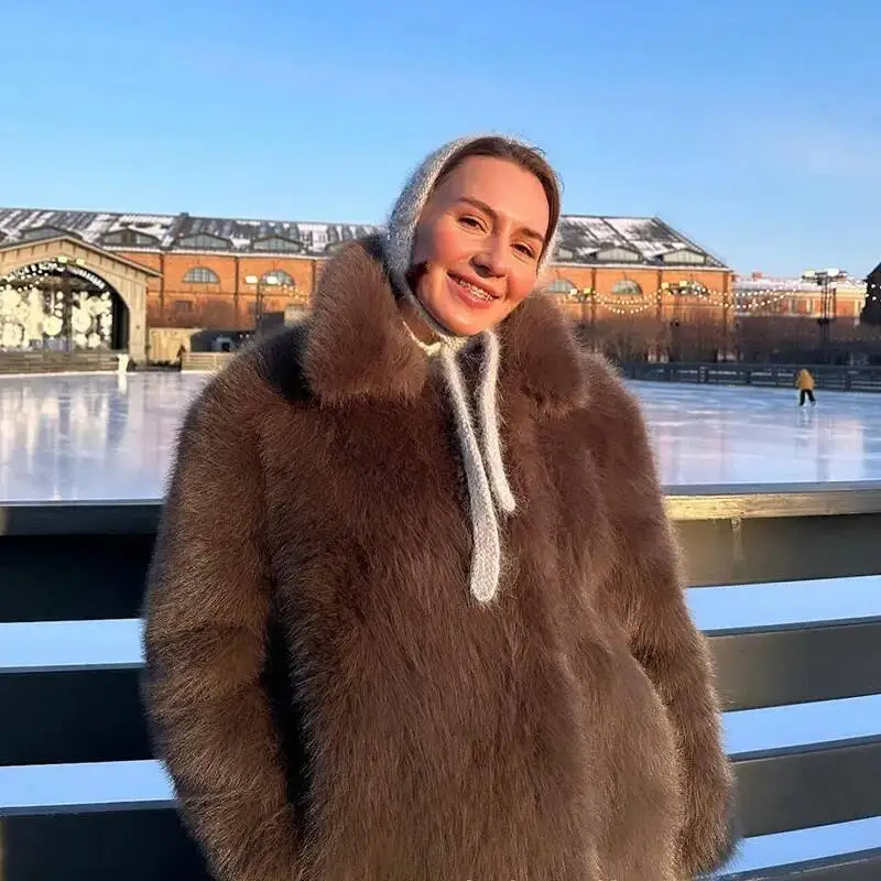 High Quality & Faux 2025 New Fashion Women's Winter Solid Color Lapel Temperament Women Fur Coat