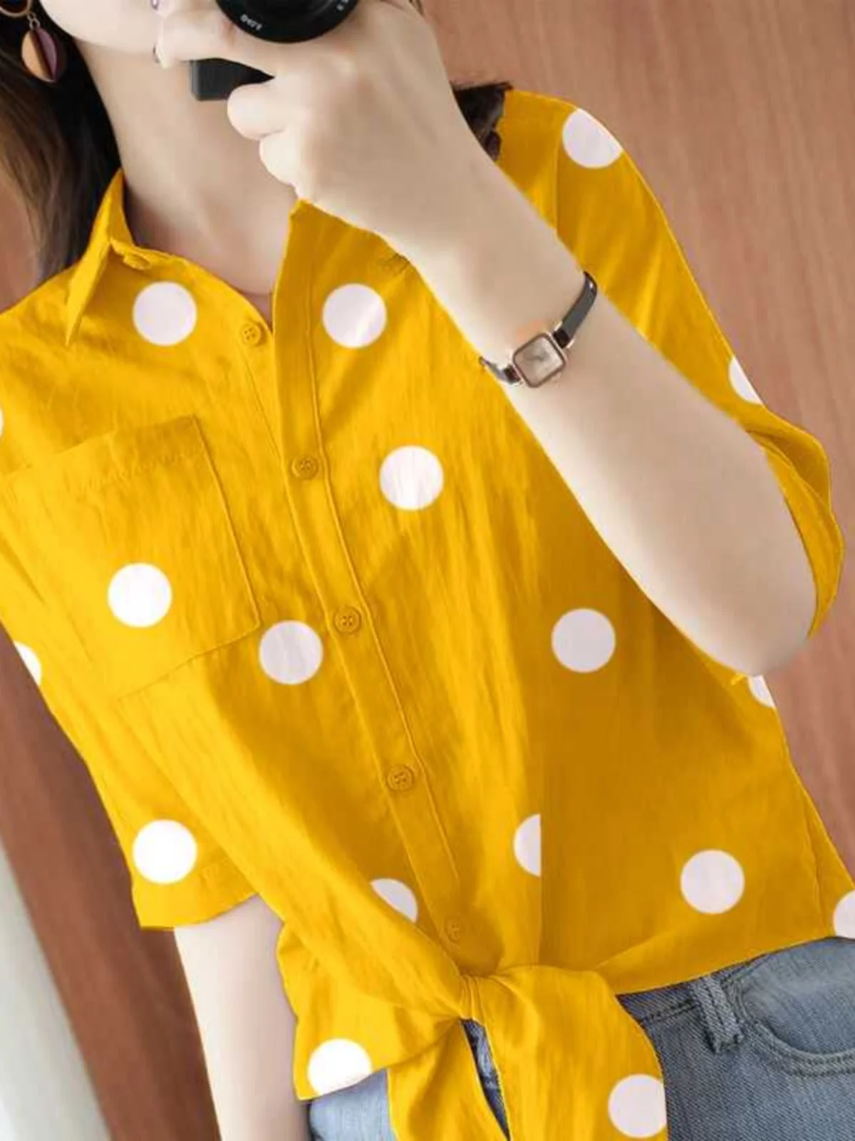 

Polka Dot Sun Protection irt Women Summer ort Sve Thin Chiffon Top Seven Sve Collar Regular Fit Loose Sle