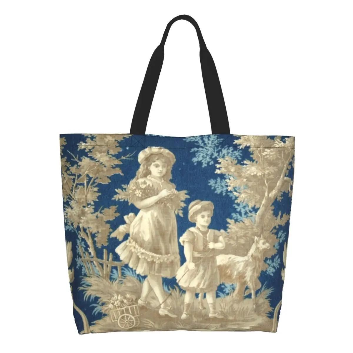 

French Toile De Jouy Motif Pattern Grocery Shopping Bag Printed Canvas Shopper Tote Shoulder Bag Big Capacity Portable Handbag