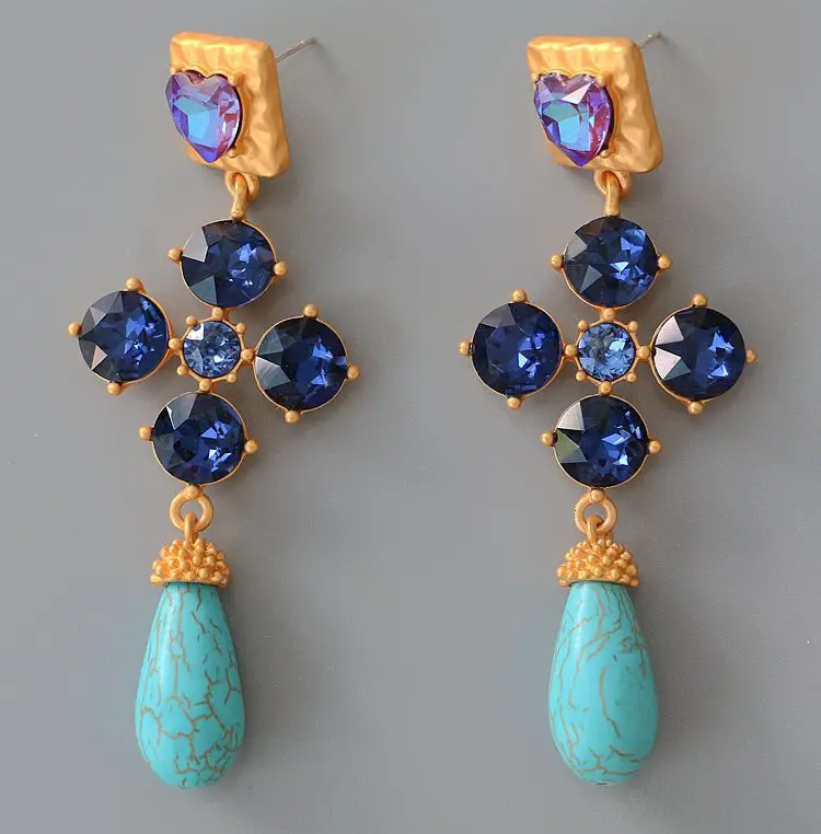 

Vintage Mid-Ancient Long Shoulder-Sweeping Blue Crystal Turquoise Earrings