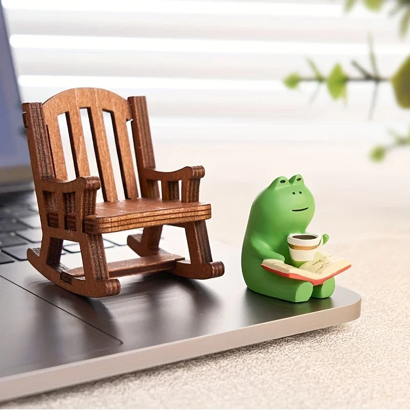 Miniature Frog Statue Cute Mini Frog Resin Figurine Rocking Chair Design with Book Coffee Indoor Home Bedroom Office Decoration