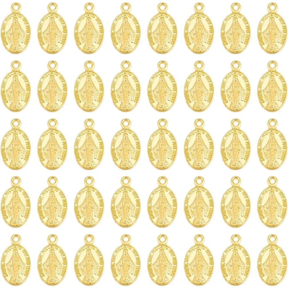

100Pcs 17.5mm Long Golden Alloy Oval with Mary Filigree Pendan Flat Hollow Oval Guadalupe Charm Style Metal