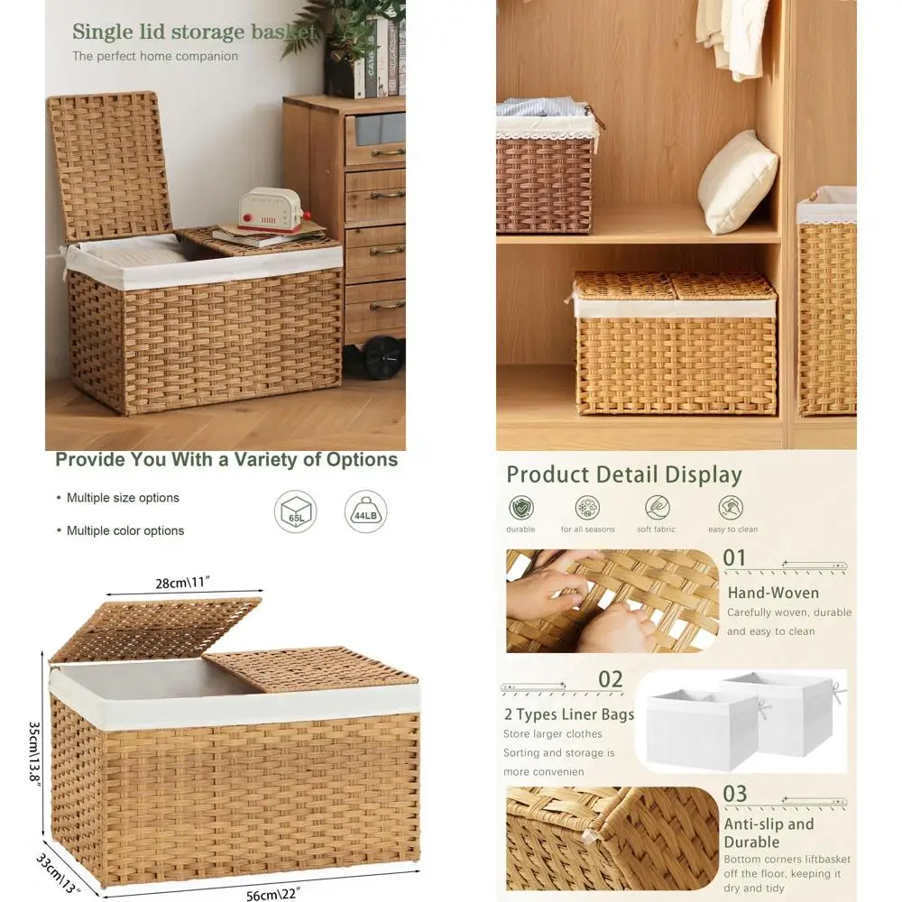 

Storage Basket with Lid Rattan Woven Storage Baskets with 2 Separate Lids, 17.2 Gallon (65 L), 22 x 13 x 13.8 Inches,Foldable, 2