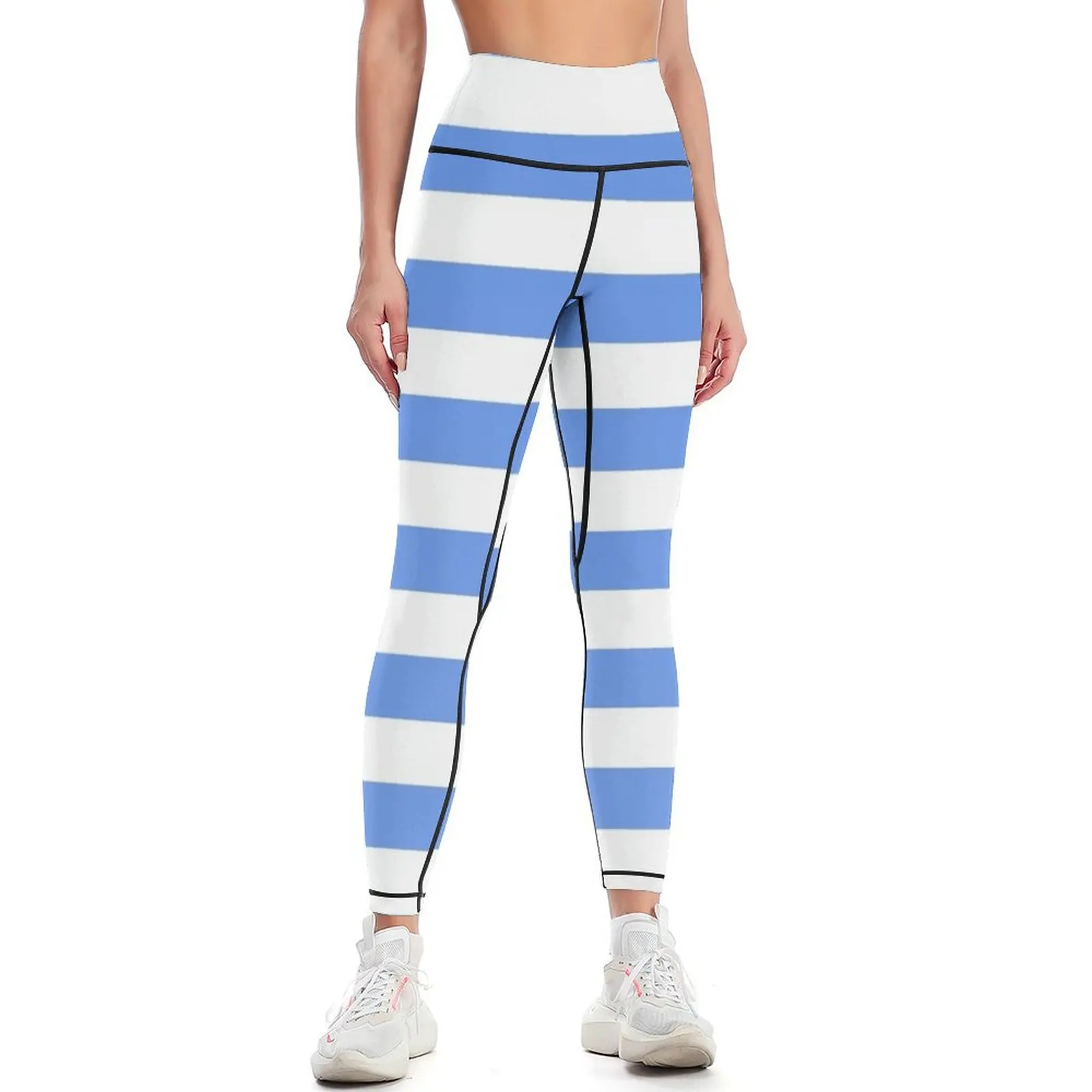 Light Blue and White Horizontal Stripes Leggings flared workout shorts Womens Leggings