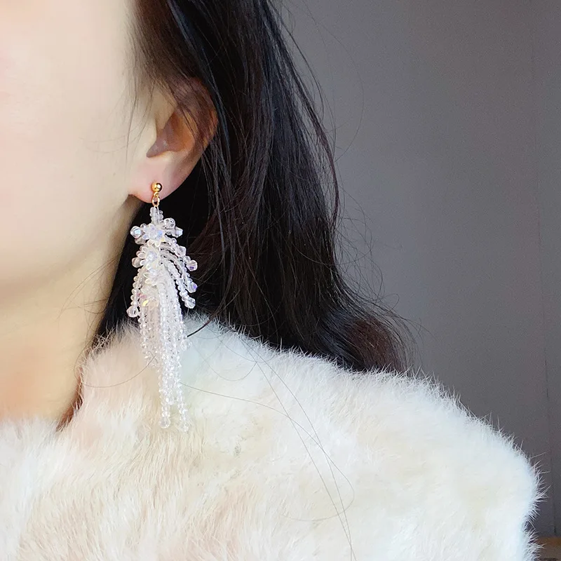 Pure handmade beaded flower fringed stud earrings, European and American exaggerated holiday style fashionable earrings, women's