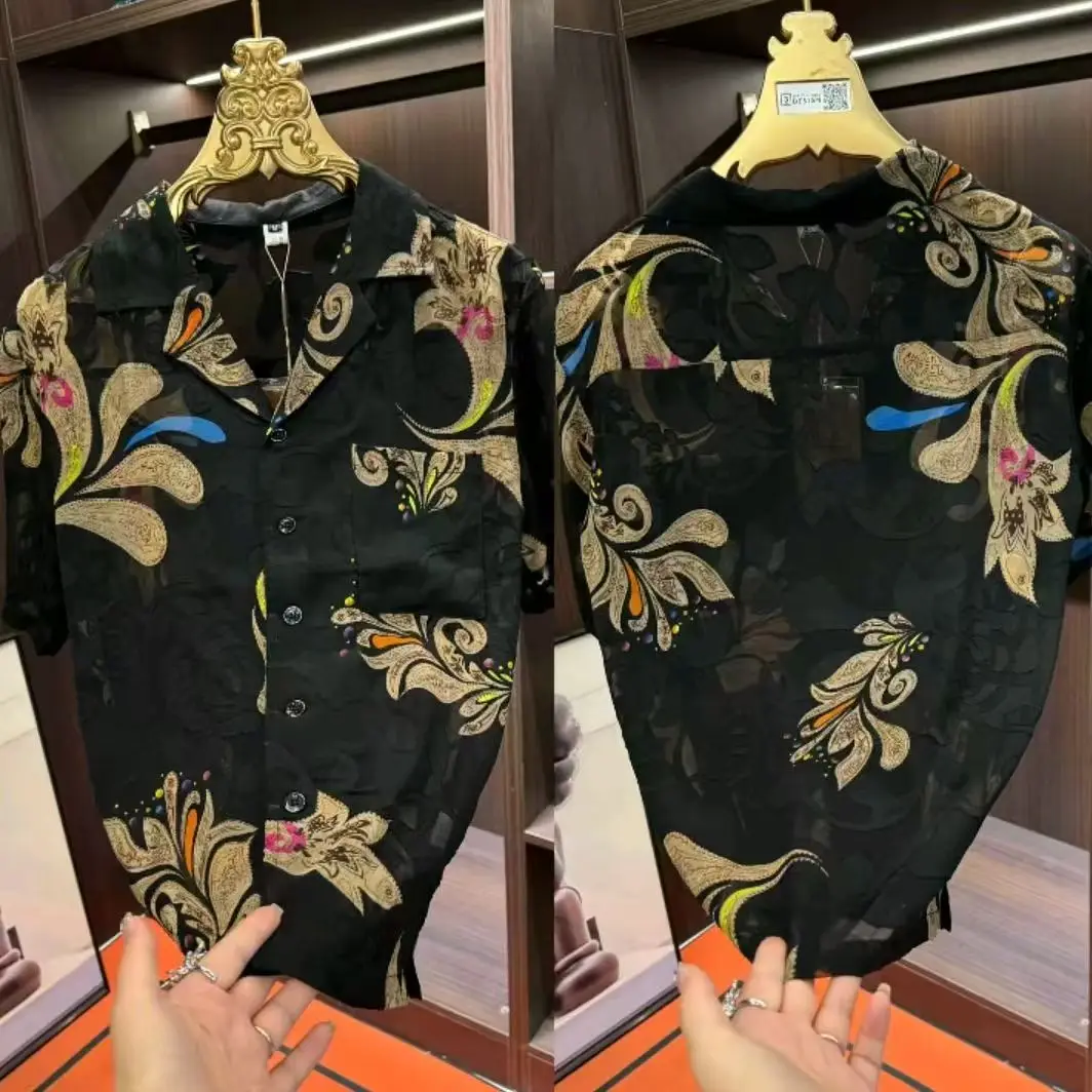 

Summer Luxury Cuban Collar irt ort Sve Men's Sli High-End Trendy Cool Top Loose Fit Youthful Plant Floral Pattern