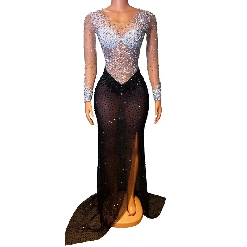 Pearls Rhinestones Stage Wear Birthday Celebrate Long Train Dress Party Outfit Costume Women Dancer Transparent Dresses