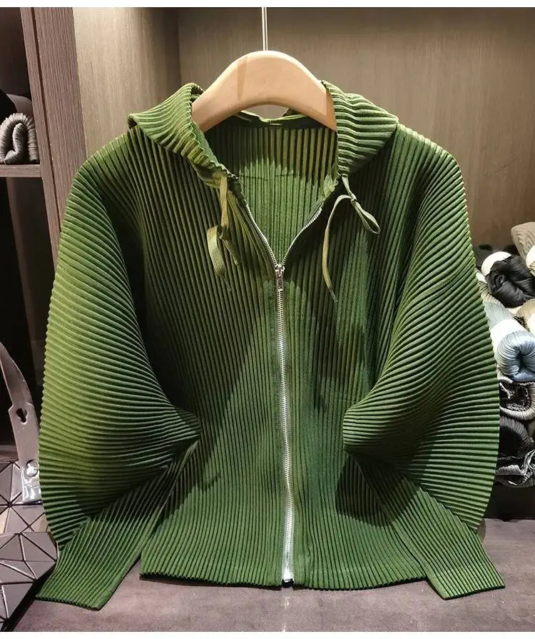 Drawstring Spring New Hooded Pleated Zipper Women's Sweatshirts Loose Elegant Simple High Quality Cardigan Coat 245YG