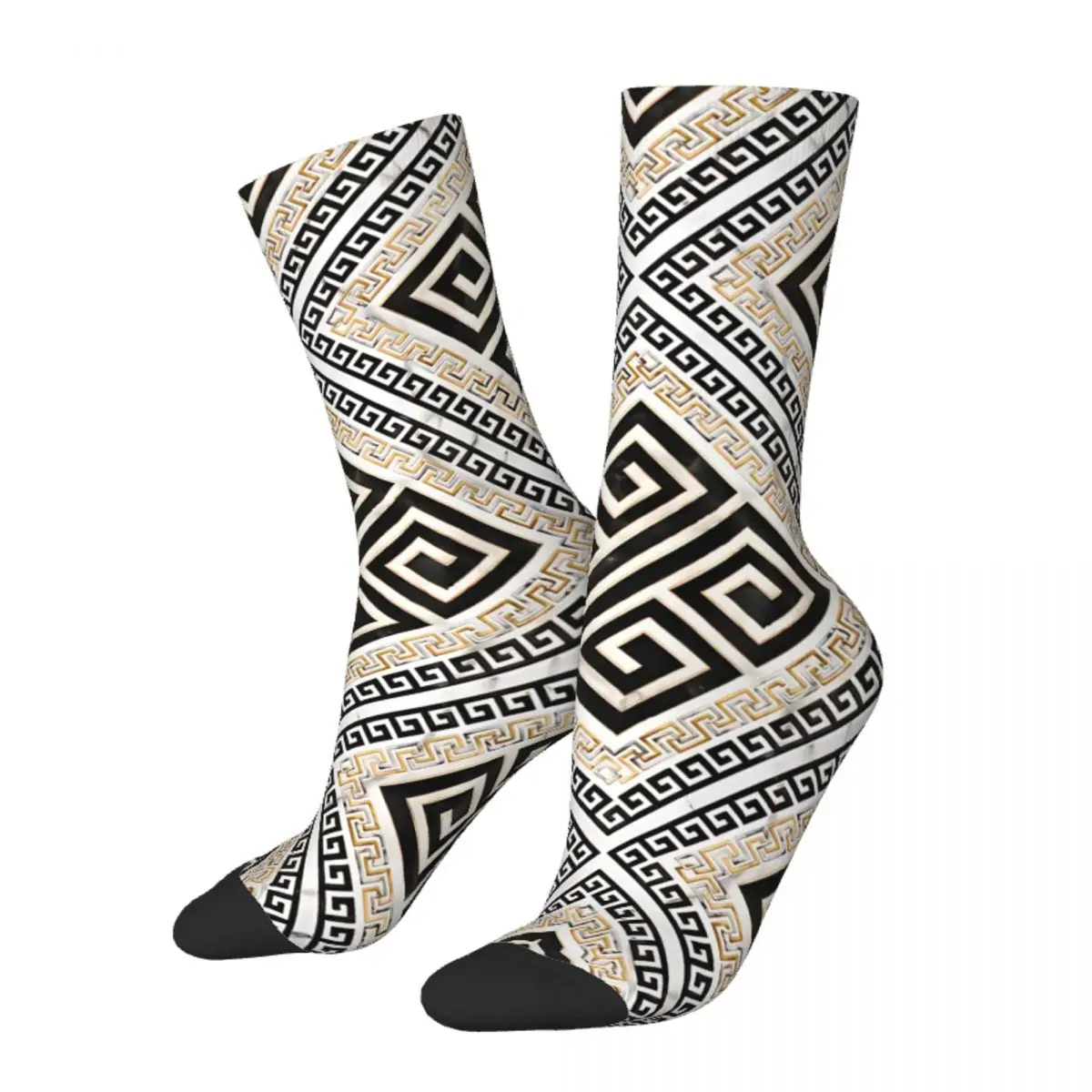 Vintage Greek Key Black White And Gold Marble Crazy Men's Socks Unisex Greek Meander Harajuku Pattern Printed Crew Sock