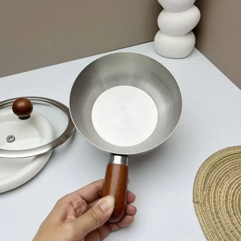 Small Pot Single-person Pot Stainless Steel Bowl Walnut Wood Handle Fruit Salad Yogurt Bowl Restaurant Breakfast Cooking Tool