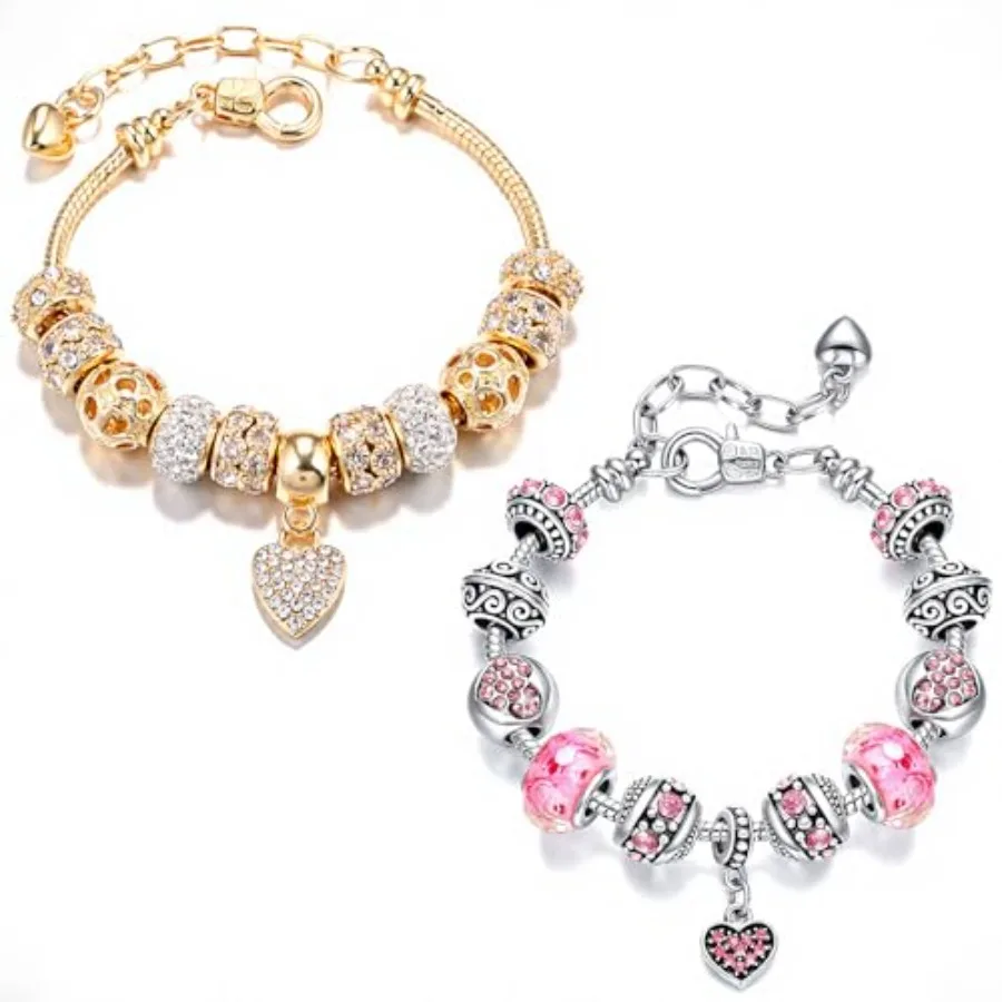 

2 Pack Charm Bracelets Pink and Gold Heart Silver Plated Charm Bracelet, DIY Jewelry for Women Gifts, with Beads, Crystal, Char