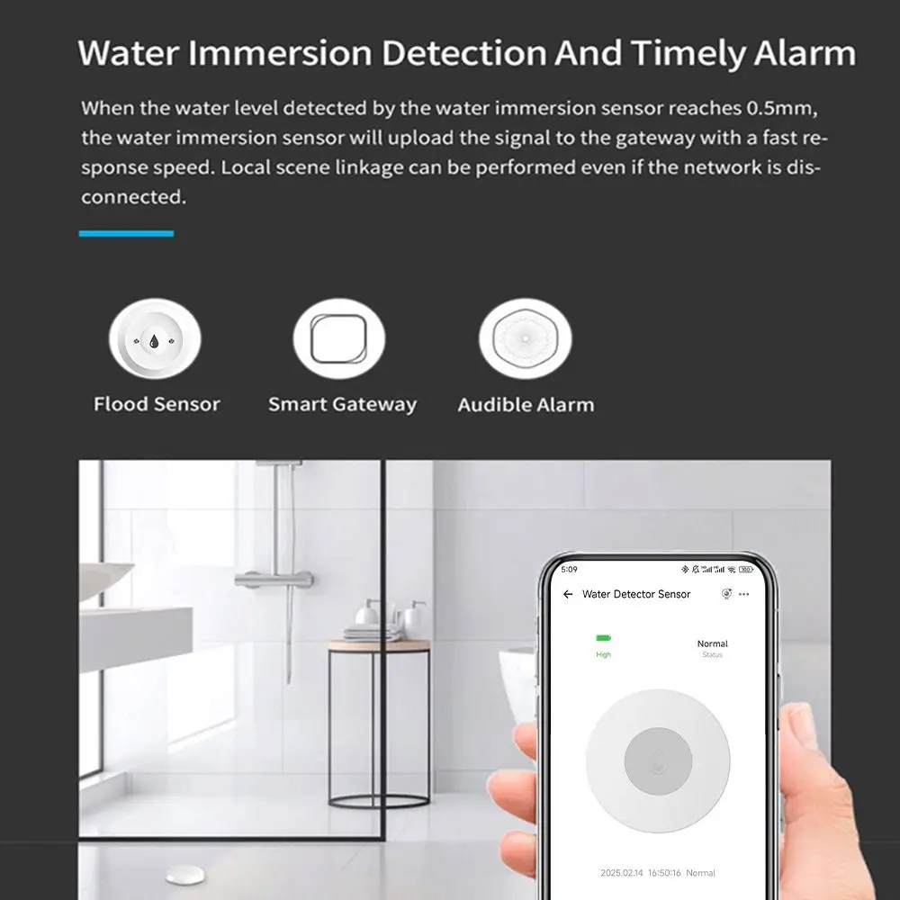 ZigBee Connectivity Water Leak Sensor Real-Time Alarm Low-Profile Design Water Leak Detector Smart Home Integration