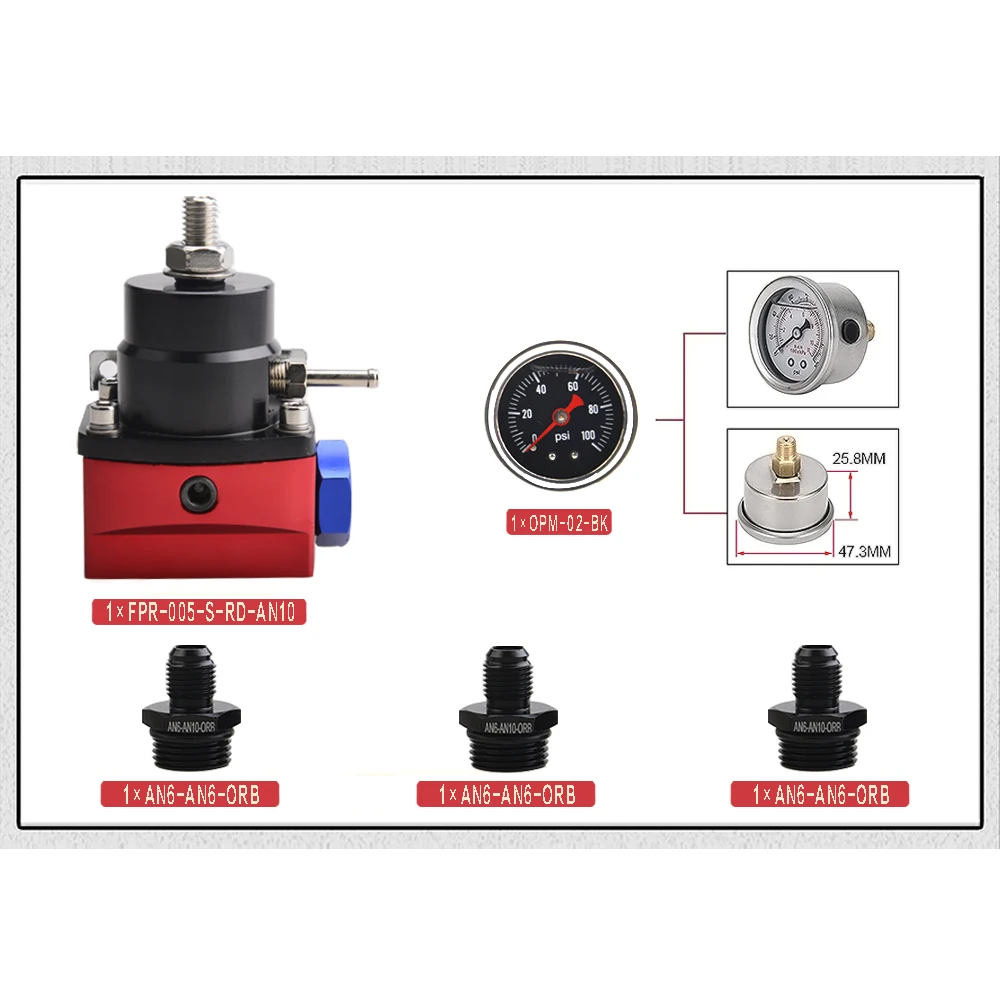 35-75PSI AN6 High Flow High Quality Fuel Regulator Pressure Adjustable Regulator Black-Red AN6 For Feed AN6 For Return