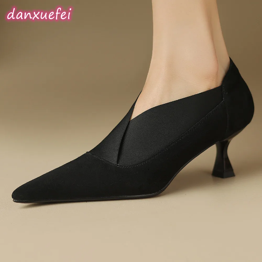 Women's pumps 5.5cm High Heel Stiletto elegant Ladies Dress Pumps Fashion Cross Strap OL style heels natural suede leather shoes