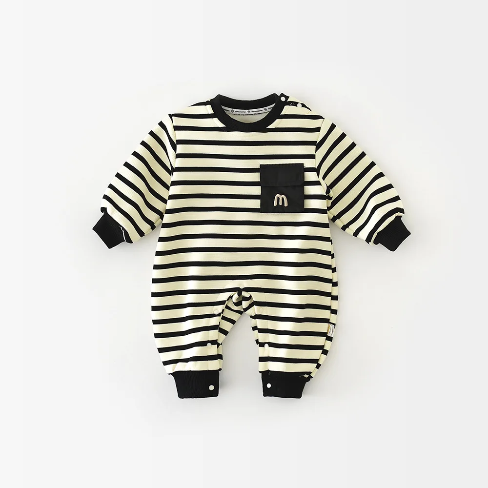 

2025 Winter New Baby Fleece Romper Cotton Infant Boy Fashion Striped Jumpsuit Plus Velvet Thick Toddler Girl Warm Clothes 0-24M