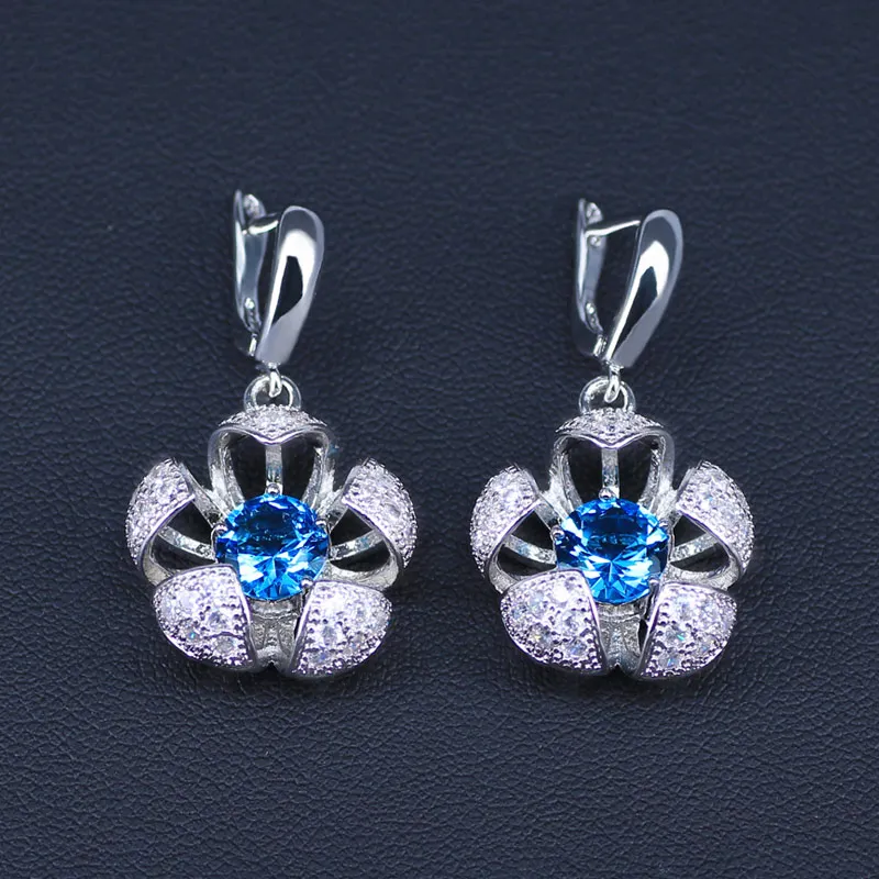 3D Flower Sky Blue Square Silver 925 Costume Jewelry For Women Drop Earrings Ring Necklace Bracelet Set