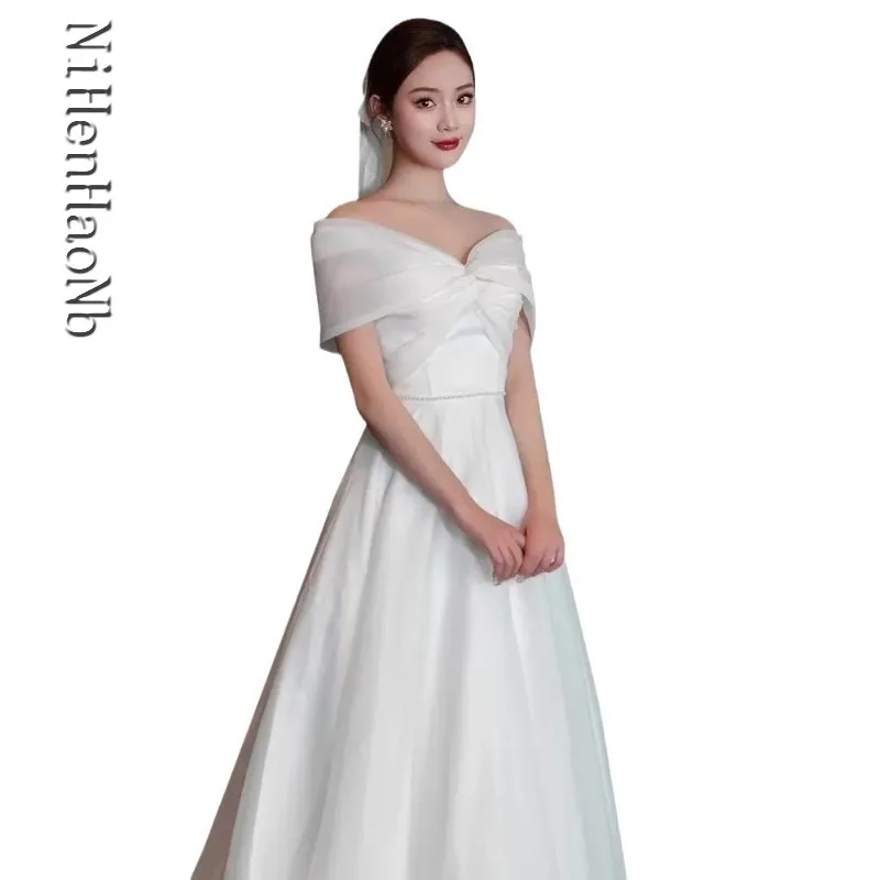 French Light Wedding Dress Bride Super Fairy White Temperament One-word Shoulder Dress Vestidos De Novia