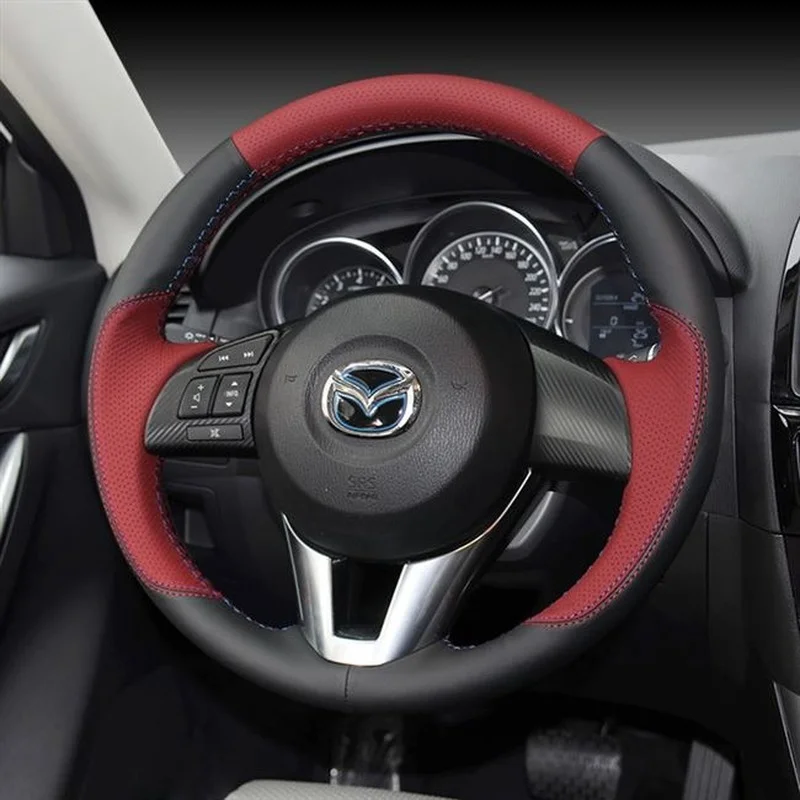 Hand-Stitched Leather Suede Carbon Fibre Car Steering Wheel Cover for Mazda 3/6 M5 Cx-5 Cx-4 Cx-8 Interior Accessories